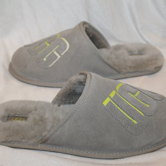 NIB UGG MEN'S EMBOSSED‎ GRAY SUEDE SHEARLIN SCUFF SLIP ON SLPPERS - Picture 2 of 6